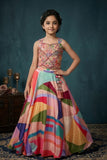 Multicolor Mirrorwork Crop Top & Printed Flared Lehenga Set for Girls
