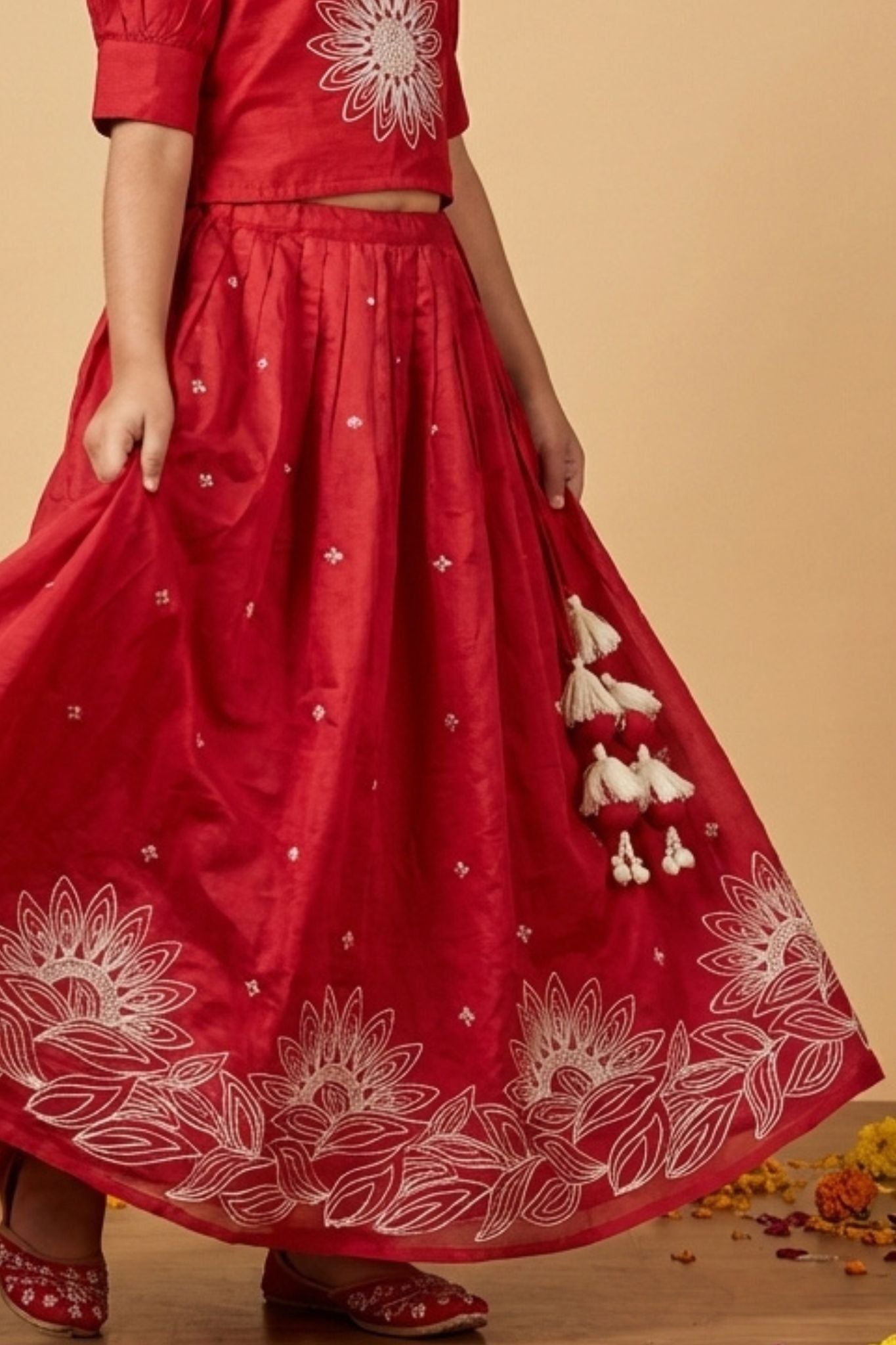 Deep Red Embroidered Lehenga Choli Set For Girls