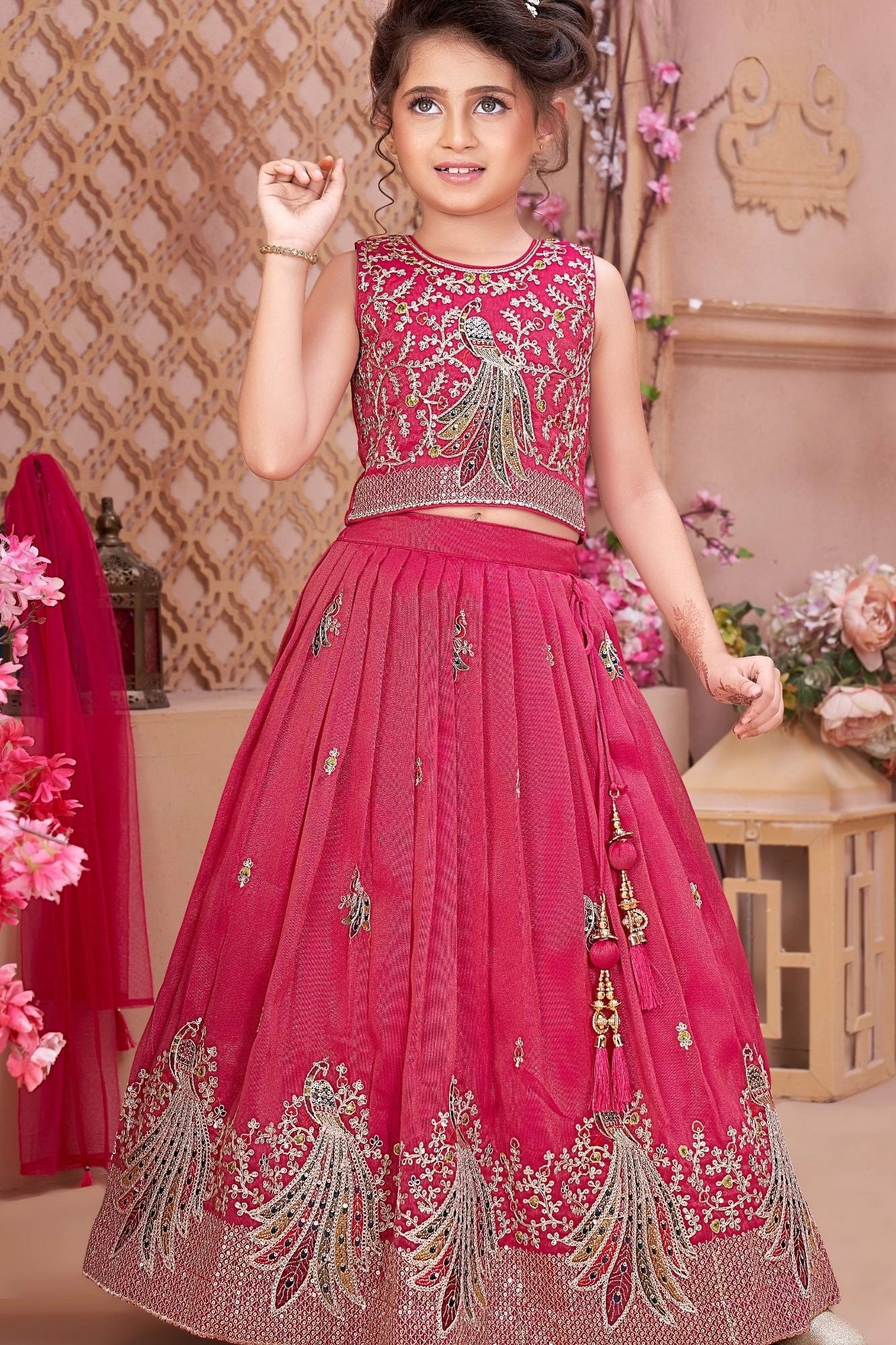 Rani Pink Peacock Embroidered Lehenga Choli with Dupatta For Girls