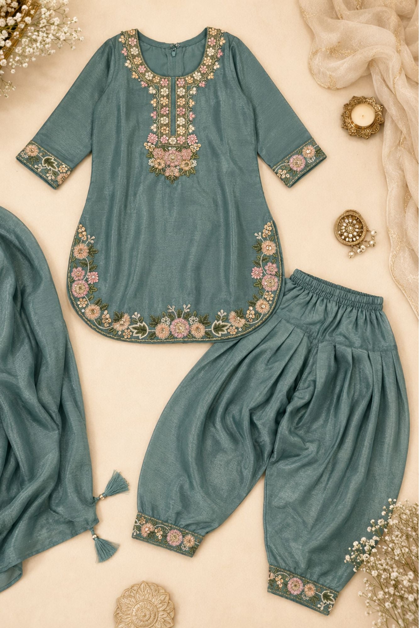 Sage Green  Delicate Floral Embroidered Patiala Set With Dupatta