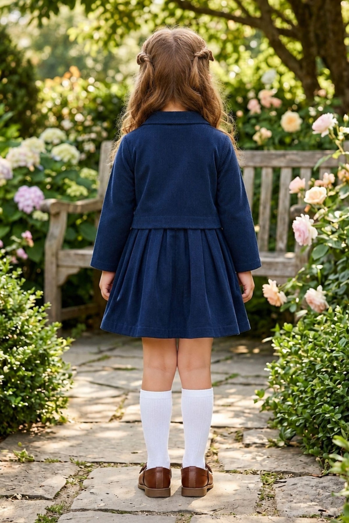 Girls Navy Blue Stylish Bow-Detail Top and Pleated Skirt Set