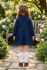 Girls Navy Blue Stylish Bow-Detail Top and Pleated Skirt Set