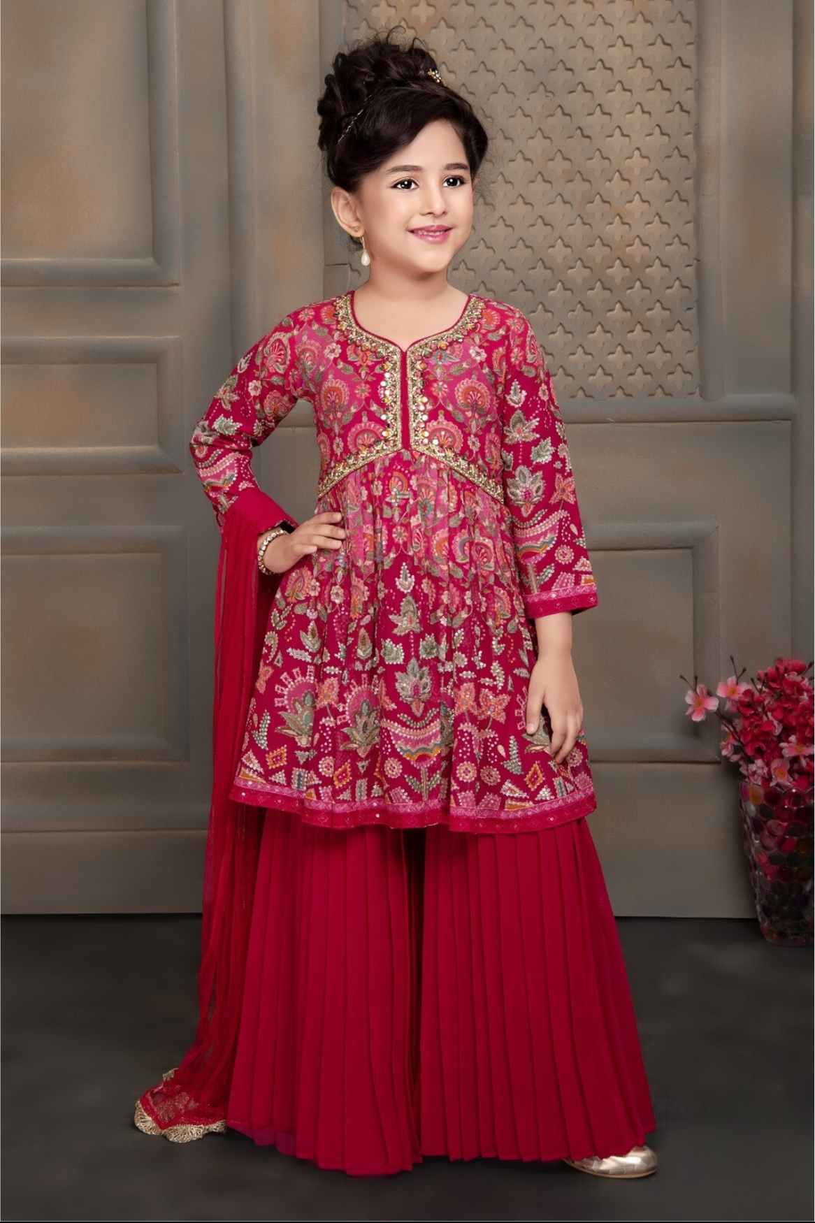 Rani Pink Printed And Sequined Sharara Set For Girls