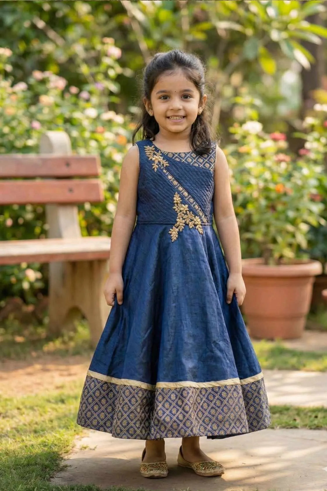 Navy Blue Embroidered Anarkali Gown For Girls