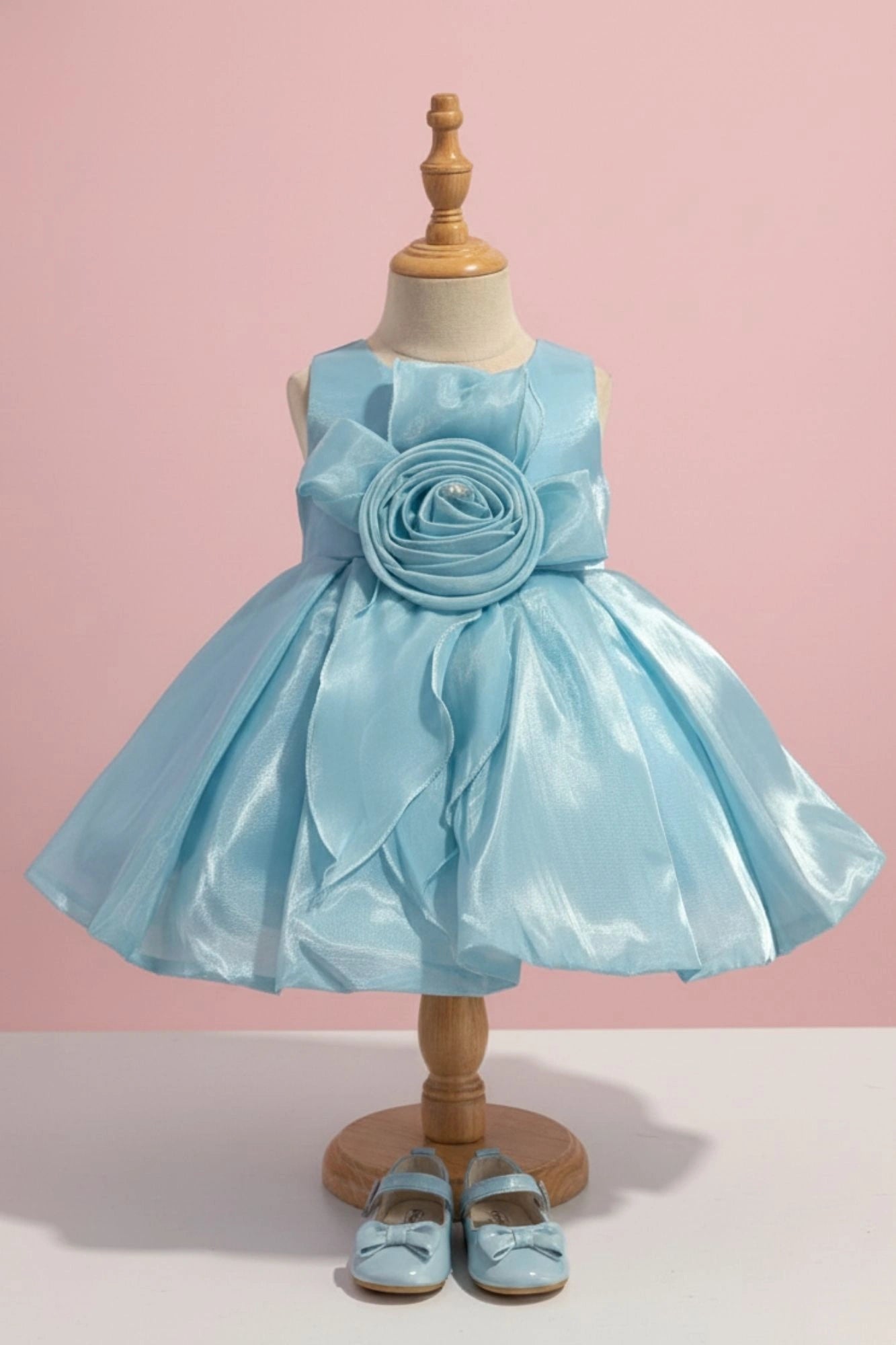 Sky Blue Party Frock with Rosette Bow and Shimmer Layers For Girls