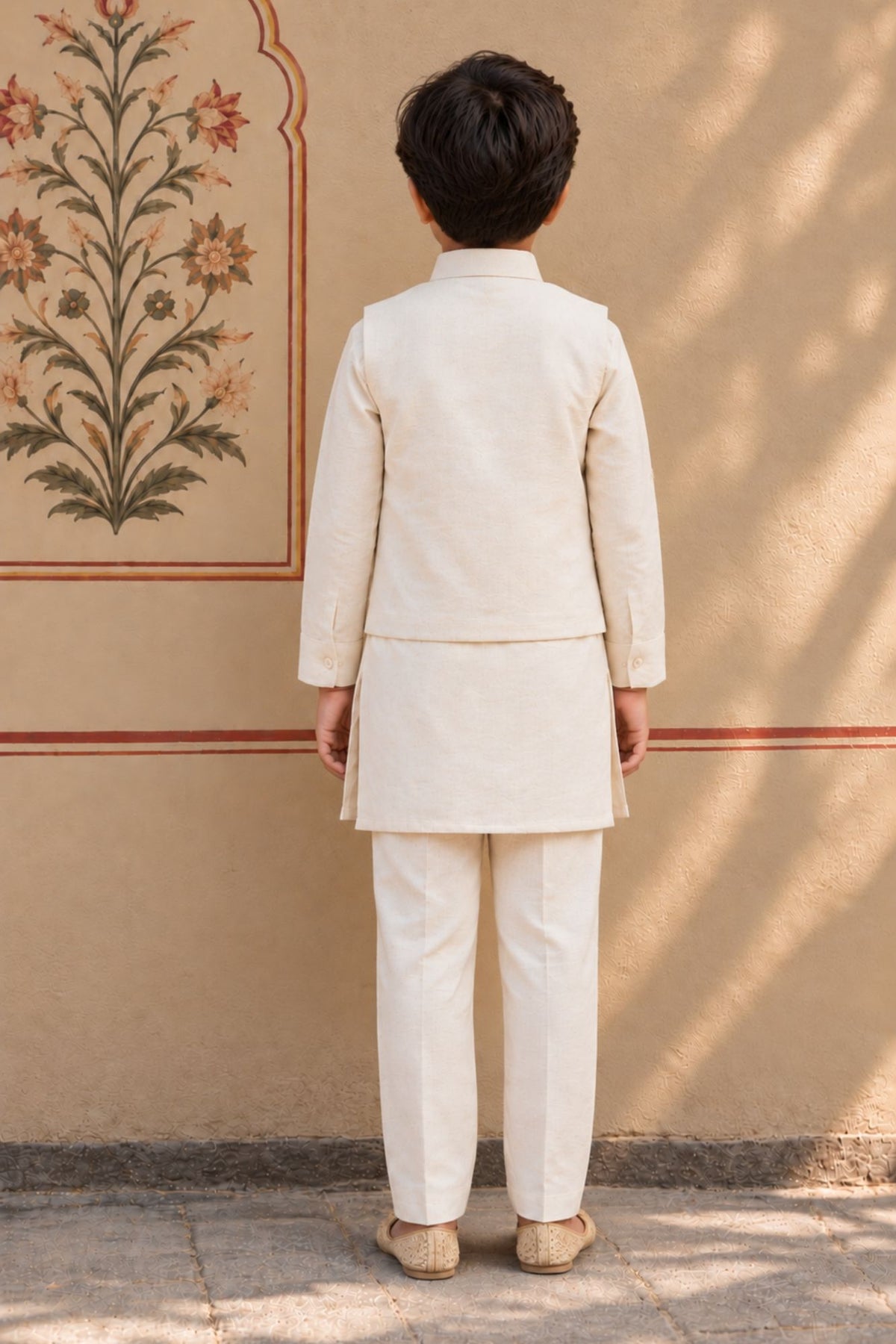 Ivory Embroidered Kurta Pajama Set With Jacket For Boys