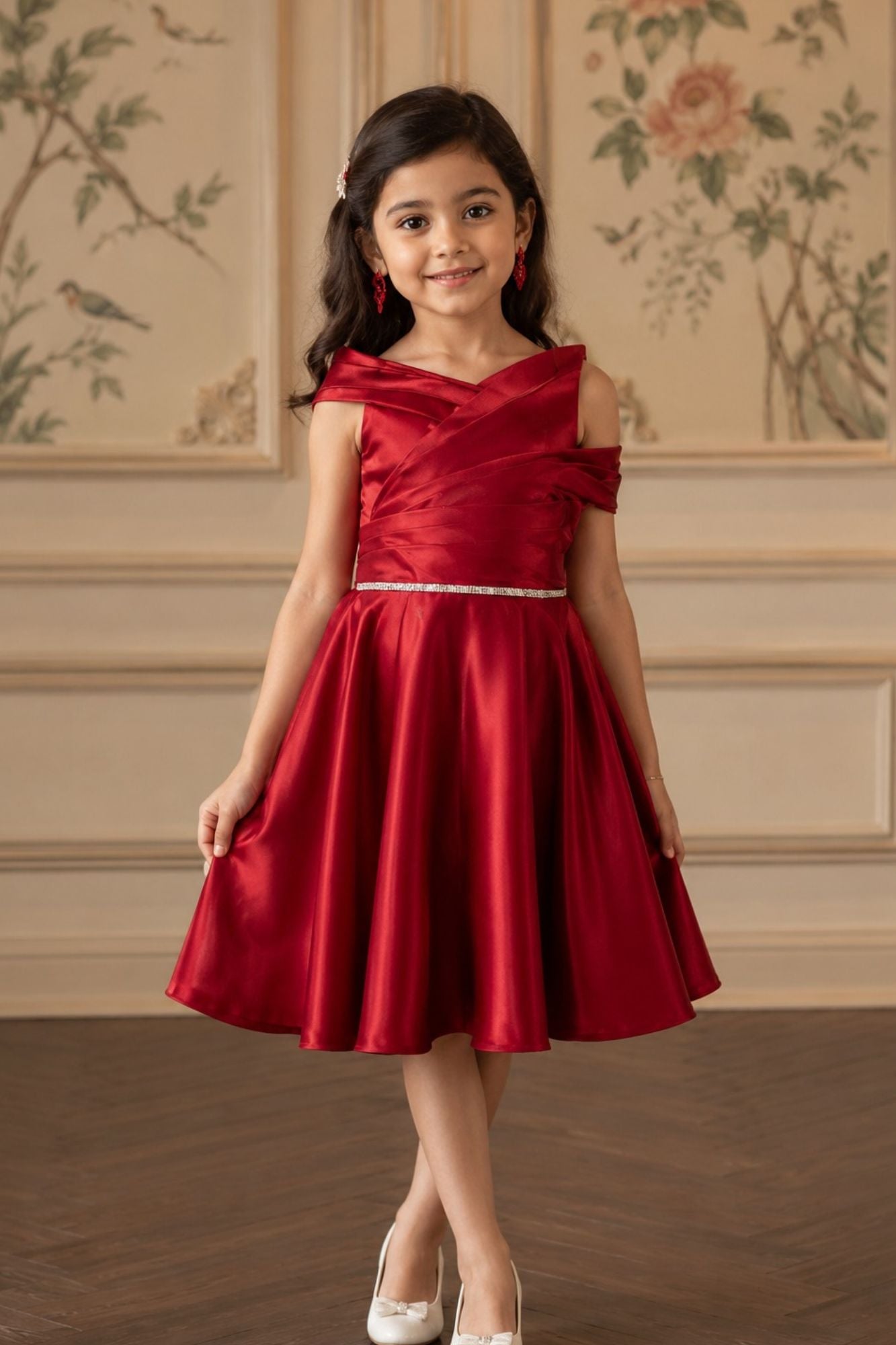 Red Satin Frock Embellished With Stone Waist Band For Girls