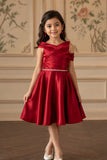 Red Satin Frock Embellished With Stone Waist Band For Girls