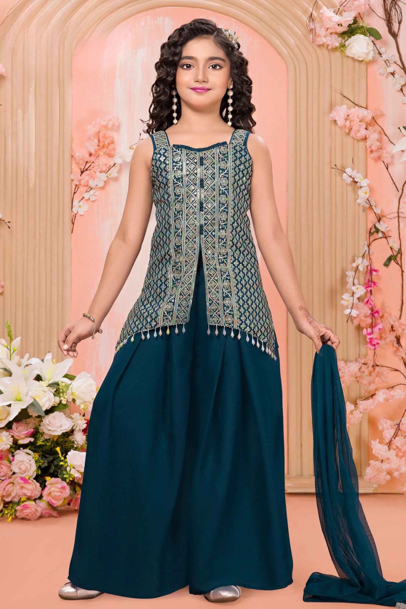 Teal Blue Embroidered Palazzo Set for Girls