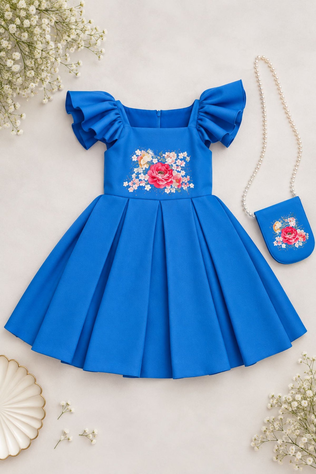 Blue Floral Embroidered Frock with Sling Bag For Girls