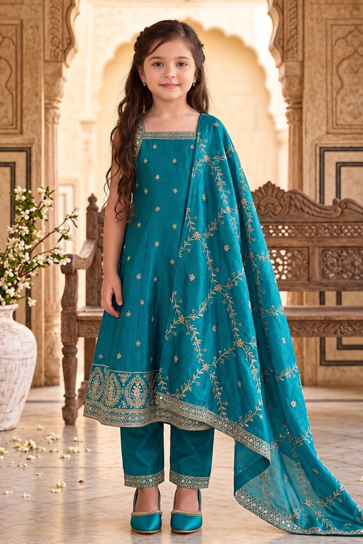 Girls Blue Embroidered Sleeveless Kurta Set With Dupatta