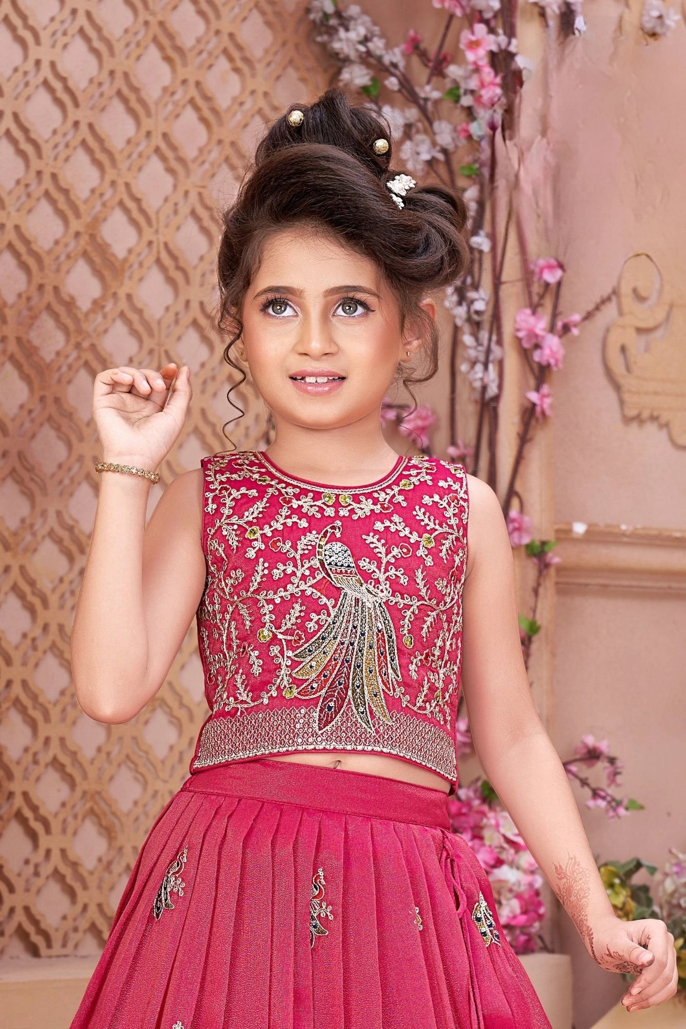 Rani Pink Peacock Embroidered Lehenga Choli with Dupatta For Girls