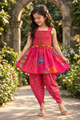 Girls Pink Floral Printed Smocked Dhoti Set with Dupatta