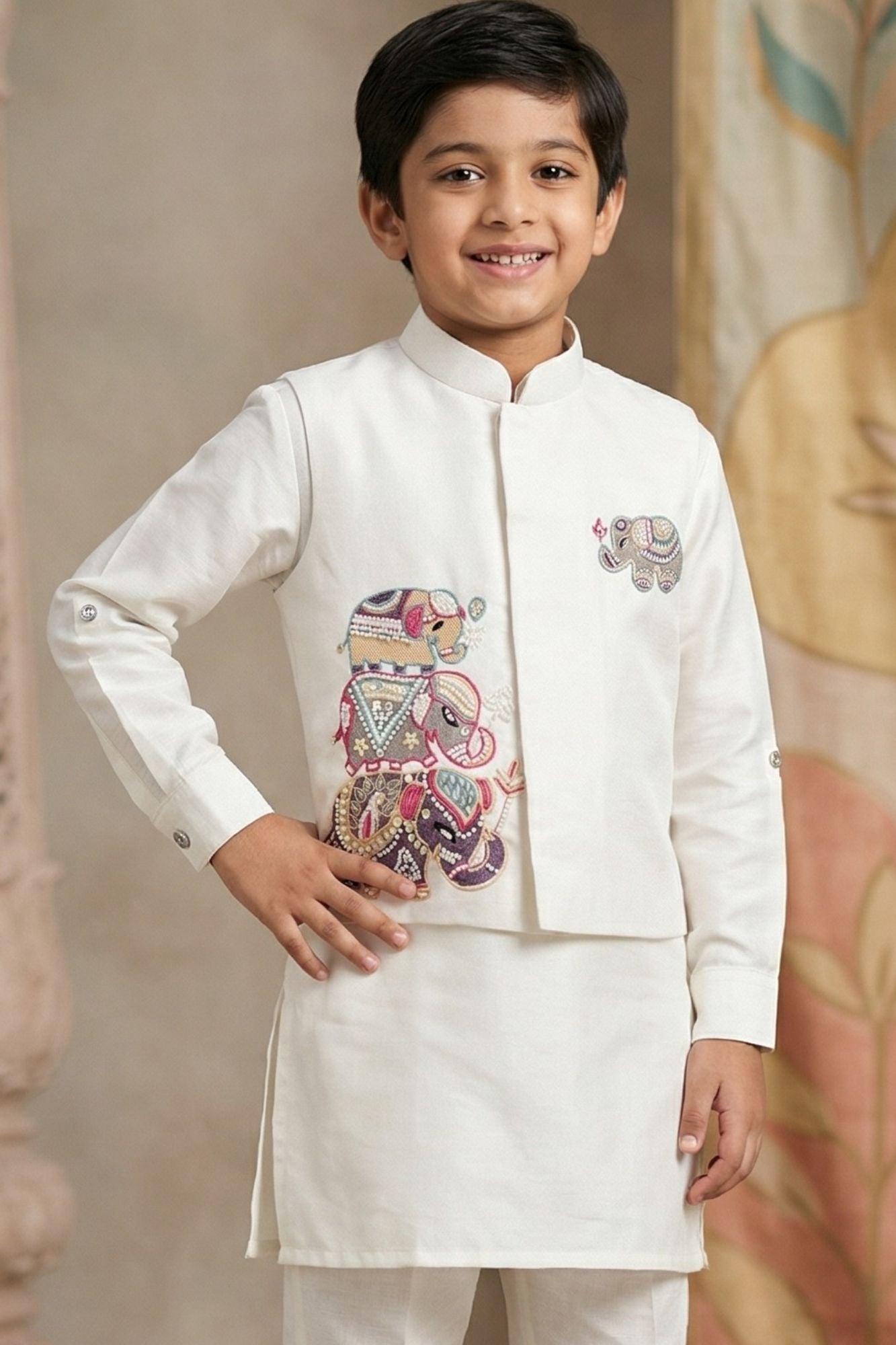 Boys White Kurta Set with Elephant Embroidered Nehru Jacket
