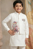 Boys White Kurta Set with Elephant Embroidered Nehru Jacket