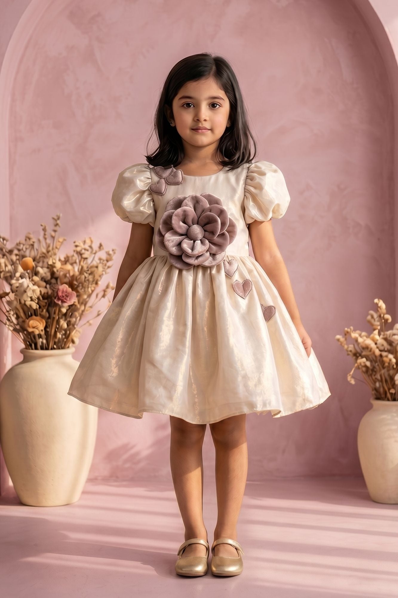 Fawn Floral Party Wear Frock For Baby Girls