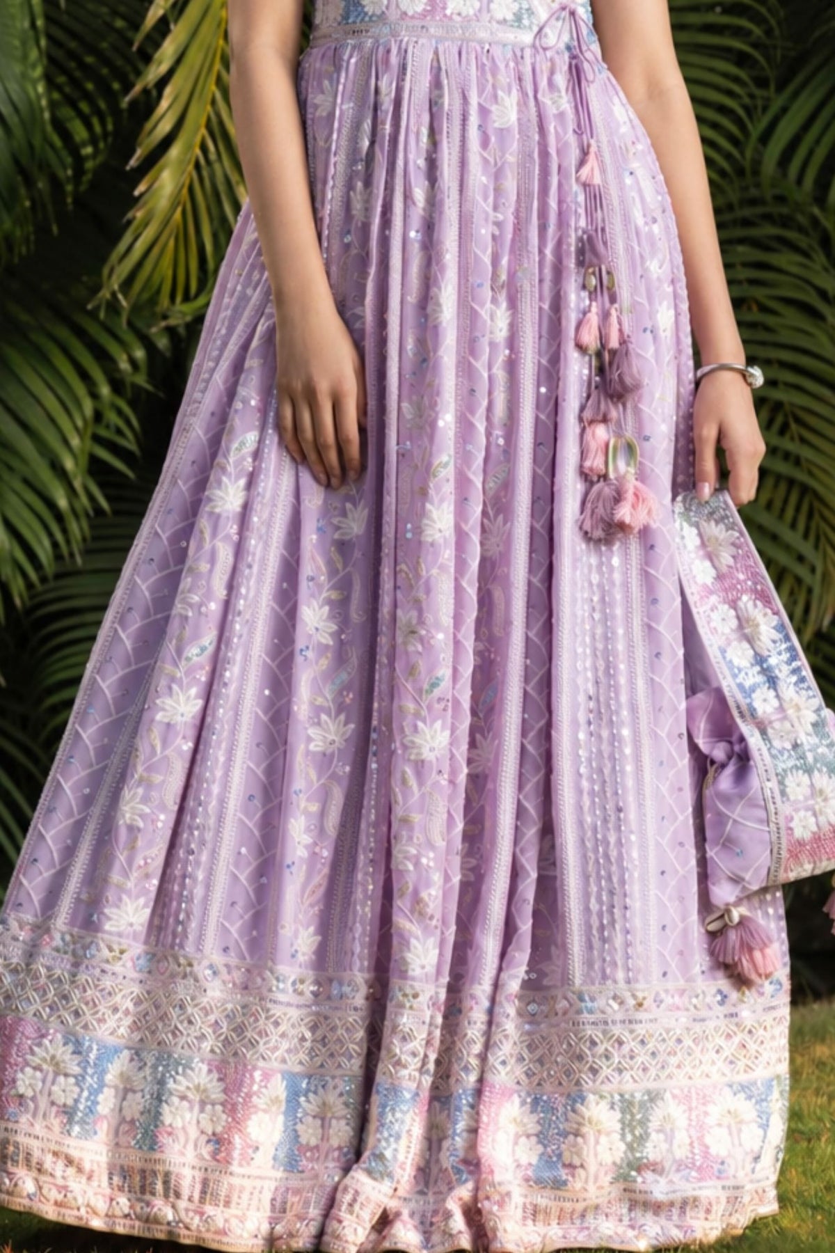 Lavender Embroidered Ethnic Gown with Tassel Detailing for Girls