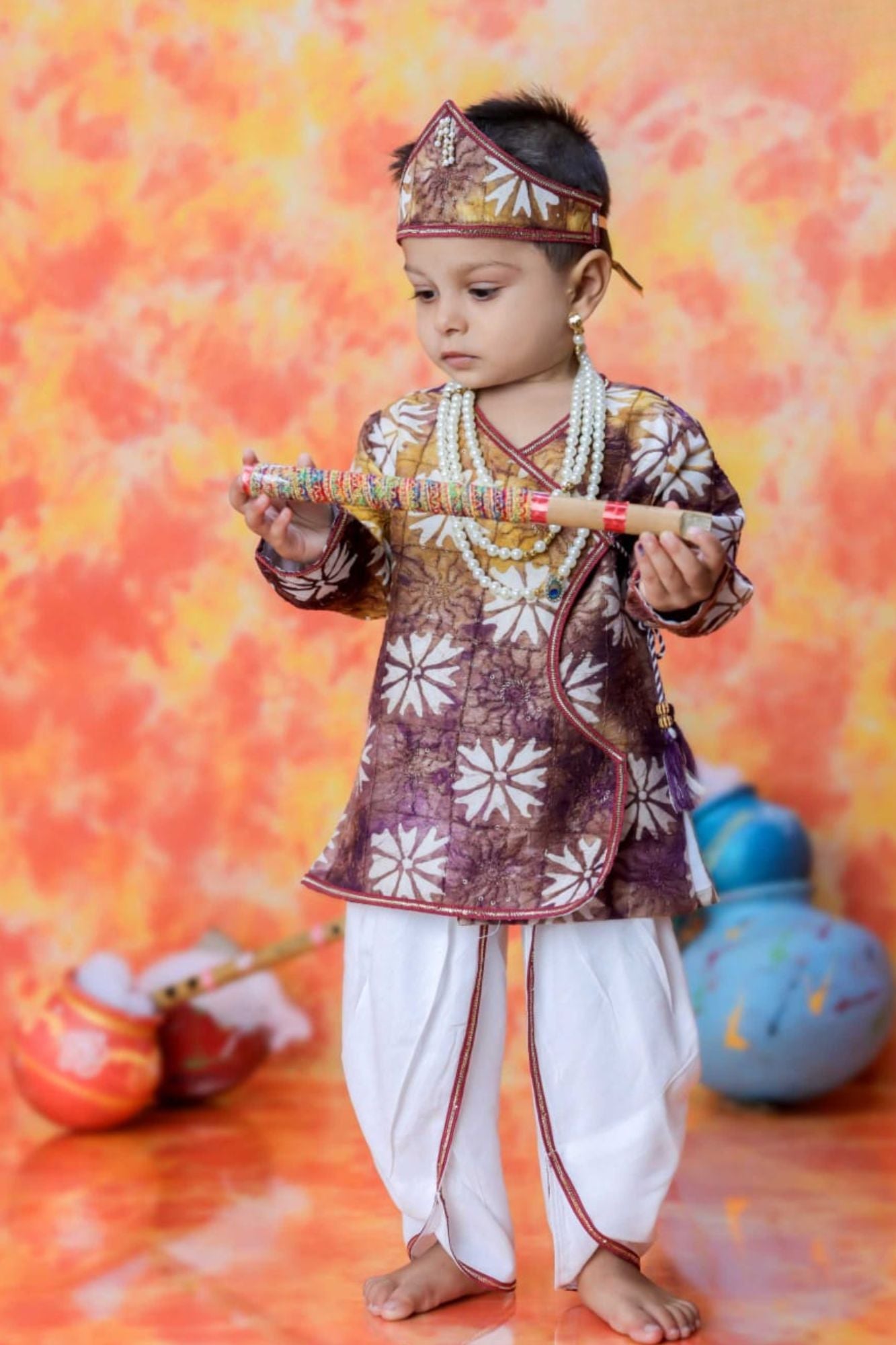 Ivory Krishna Janmashtami Dhoti Set with Purple Batik Print Kurta for Boys