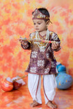 Ivory Krishna Janmashtami Dhoti Set with Purple Batik Print Kurta for Boys
