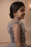 Girls Grey Layered Skirt Set with Embroidered Crop Top And Ruffle Detailing