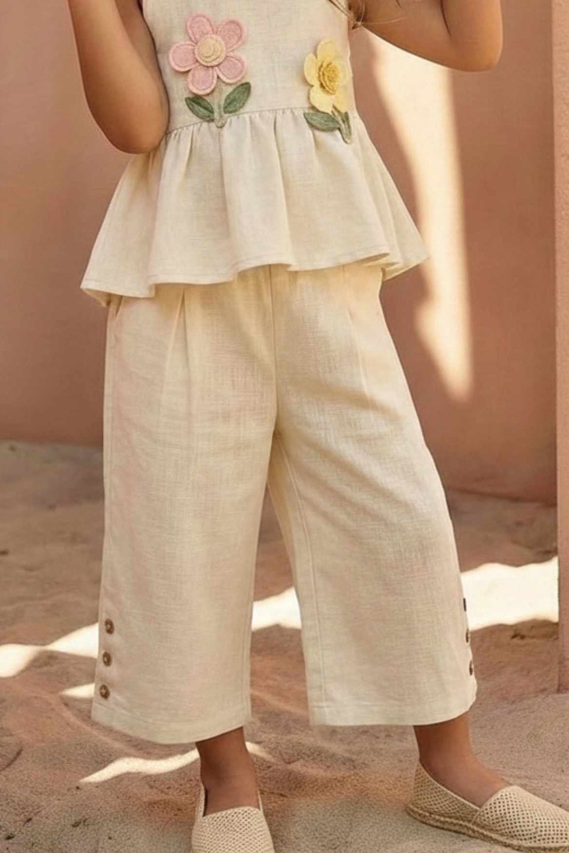 Cream Floral Appliqué And Palazzo Set For Girls