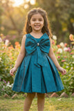 Teal Blue Big Bow Party Wear Frock For Girls