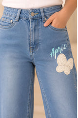 Girls Light Blue Butterfly Applique Lace Detail Wide Leg Denim Jeans
