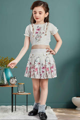 Cream Floral Printed Crop Top And Skirt Set For Girls