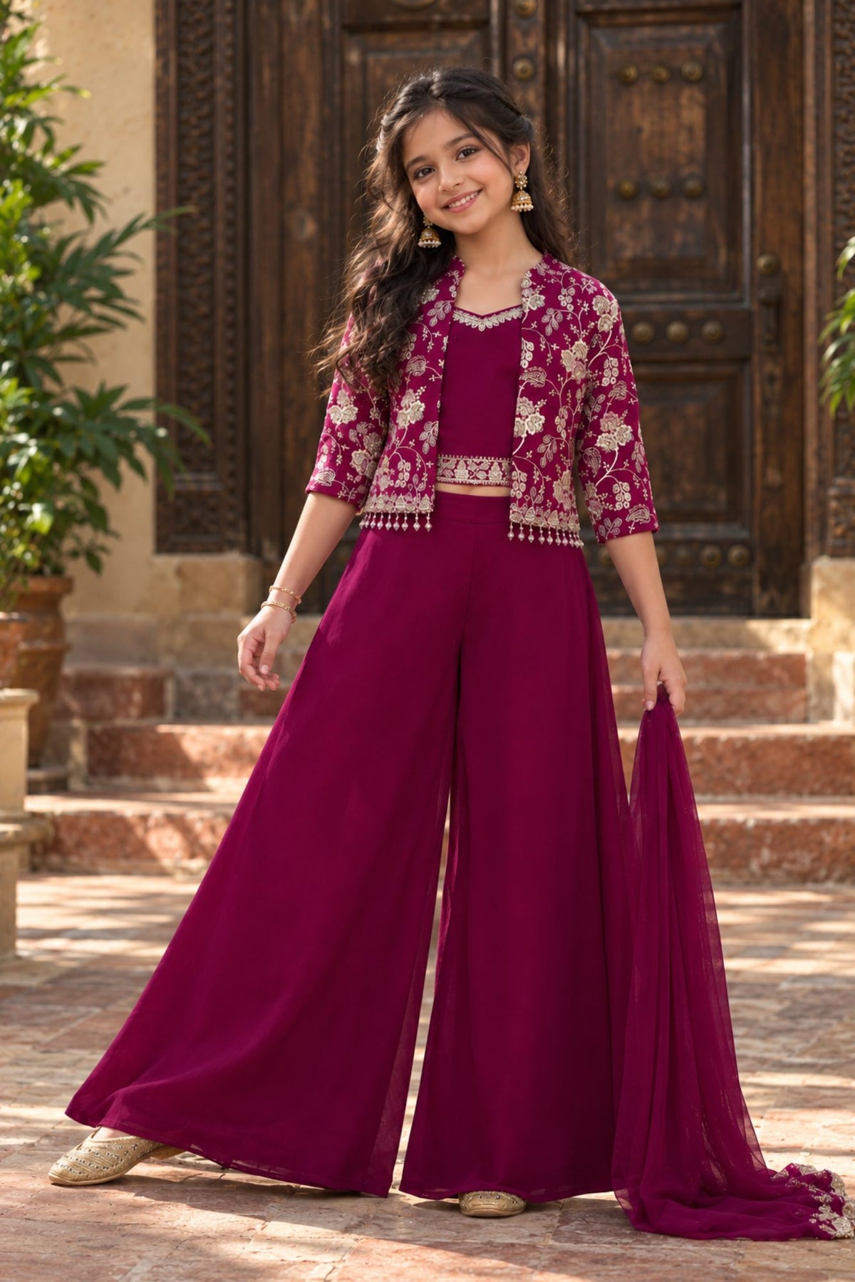 Wine Purple Palazzo Set with Embroidered Jacket For Girls