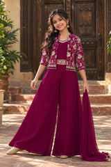 Wine Purple Palazzo Set with Embroidered Jacket For Girls