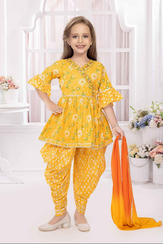 Yellow Printed And Embroidered Top With Dhoti Bottom Set For Girls