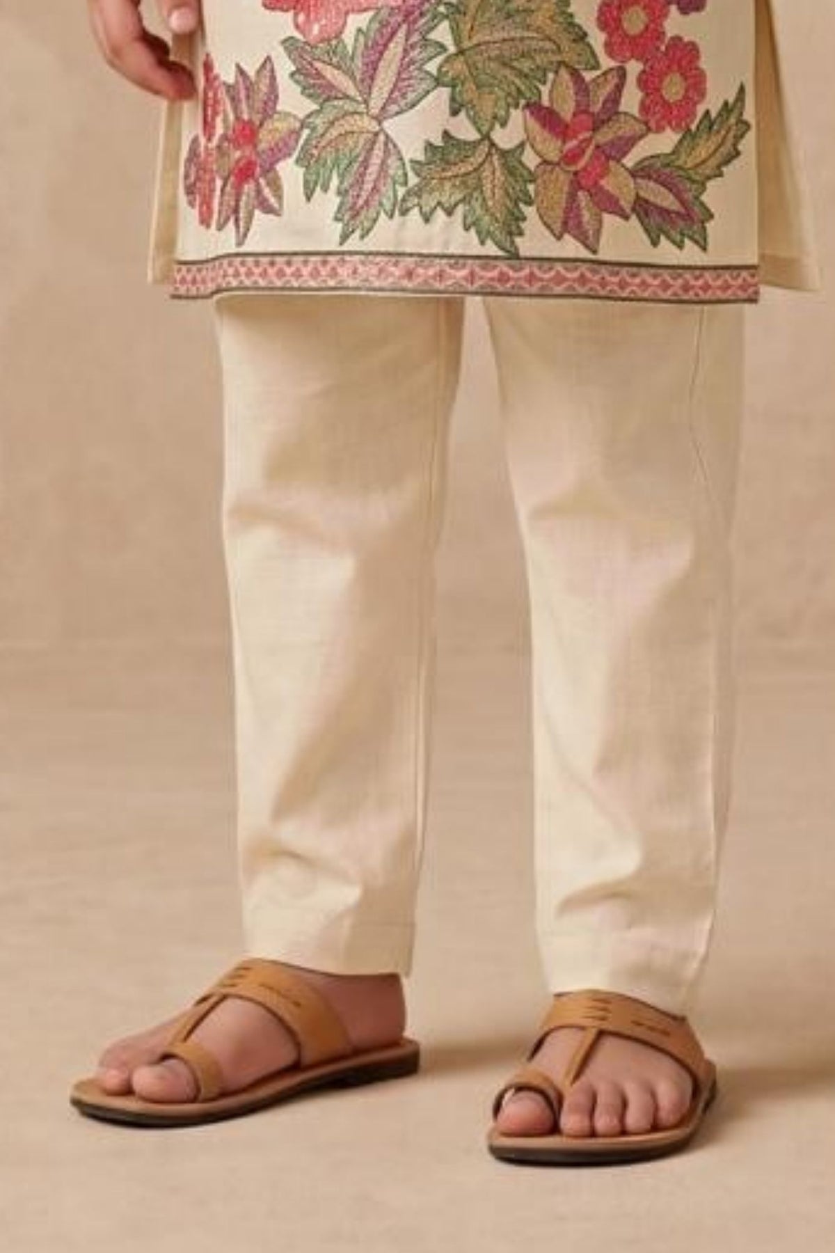 Boys Elegant Cream Floral Embroidered Kurta Set