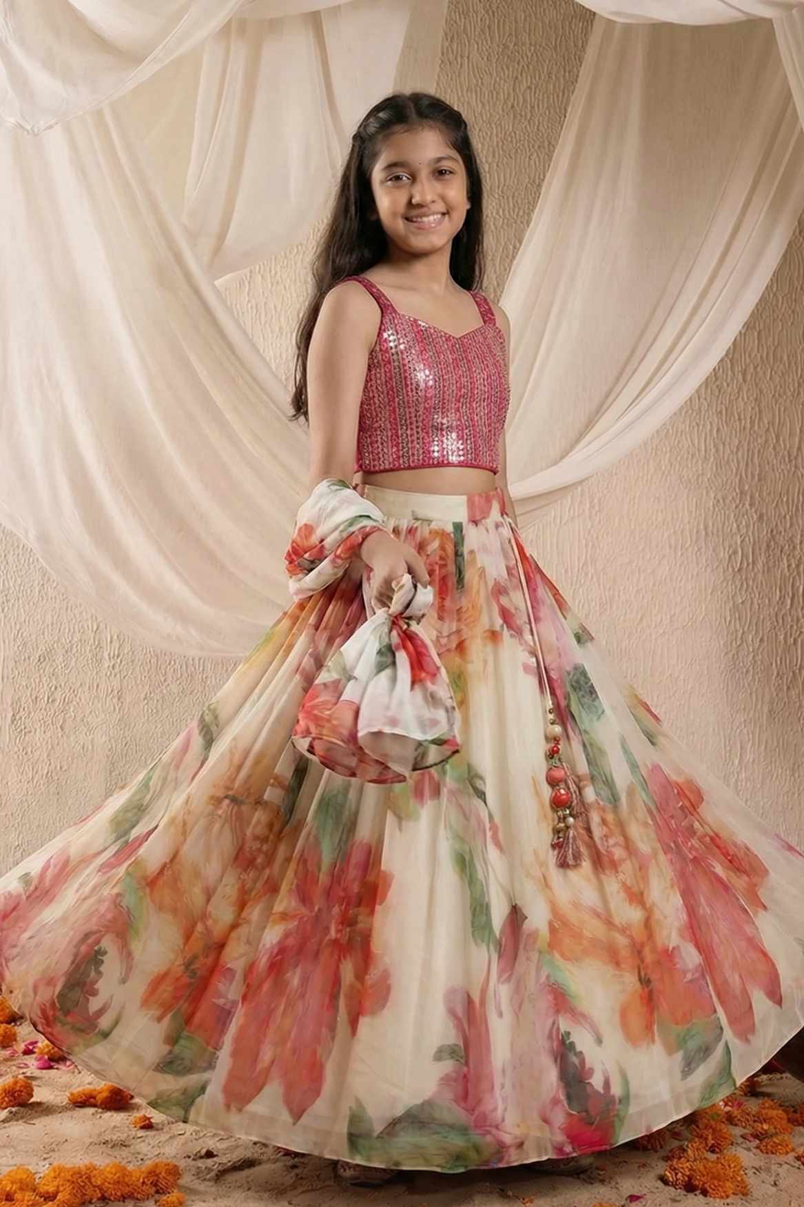 Ivory Floral Printed Lehenga Choli Set for Girls