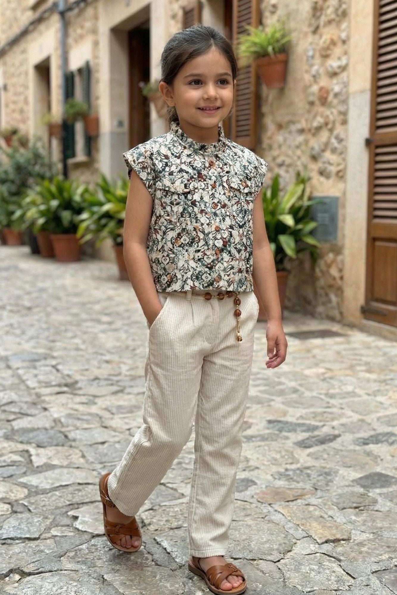 Beige Printed Top And Striped Palazzo Set For Girls