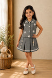 Girls Grey Floral Print Pleated Skirt Set with Peter Pan Collar Top And Tassel Charm
