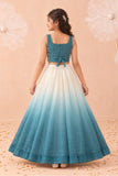 Girls Teal & Ivory Ombre Floral Embroidered Lehenga Choli Set