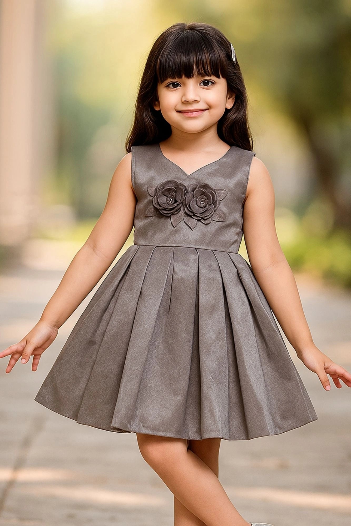 Shimmer Grey Party Wear Frock with 3D Floral Accent For Girls