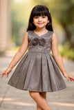 Shimmer Grey Party Wear Frock with 3D Floral Accent For Girls