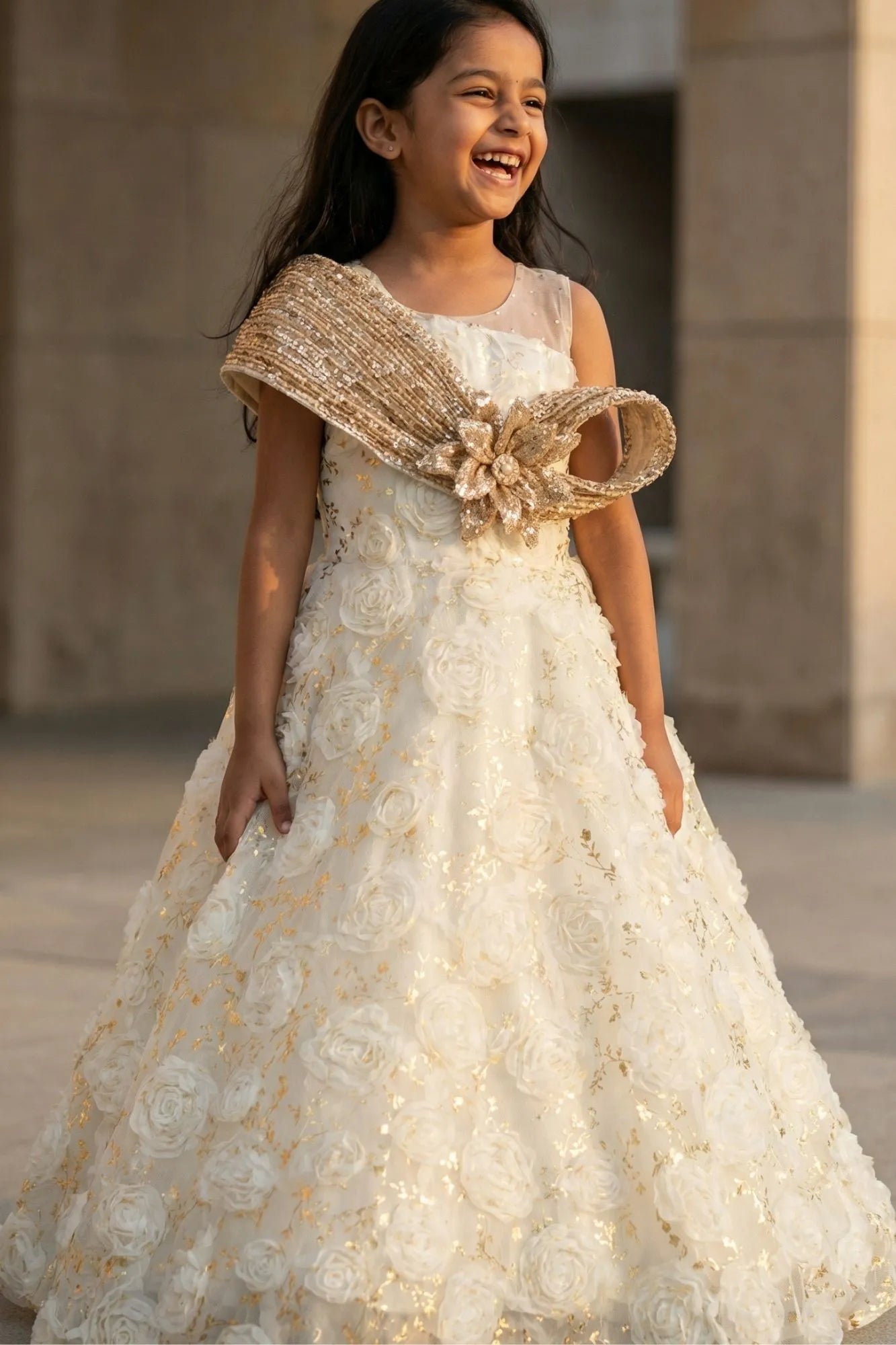 Cream Party Wear Gown with Floral Appliqué For Girls
