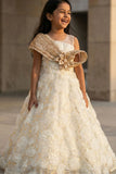 Cream Party Wear Gown with Floral Appliqué For Girls