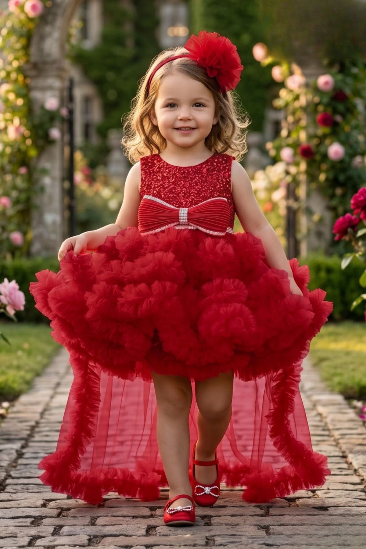 Girls Red Sequin High-Low Party Wear Frock