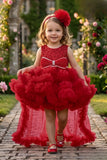 Girls Red Sequin High-Low Party Wear Frock