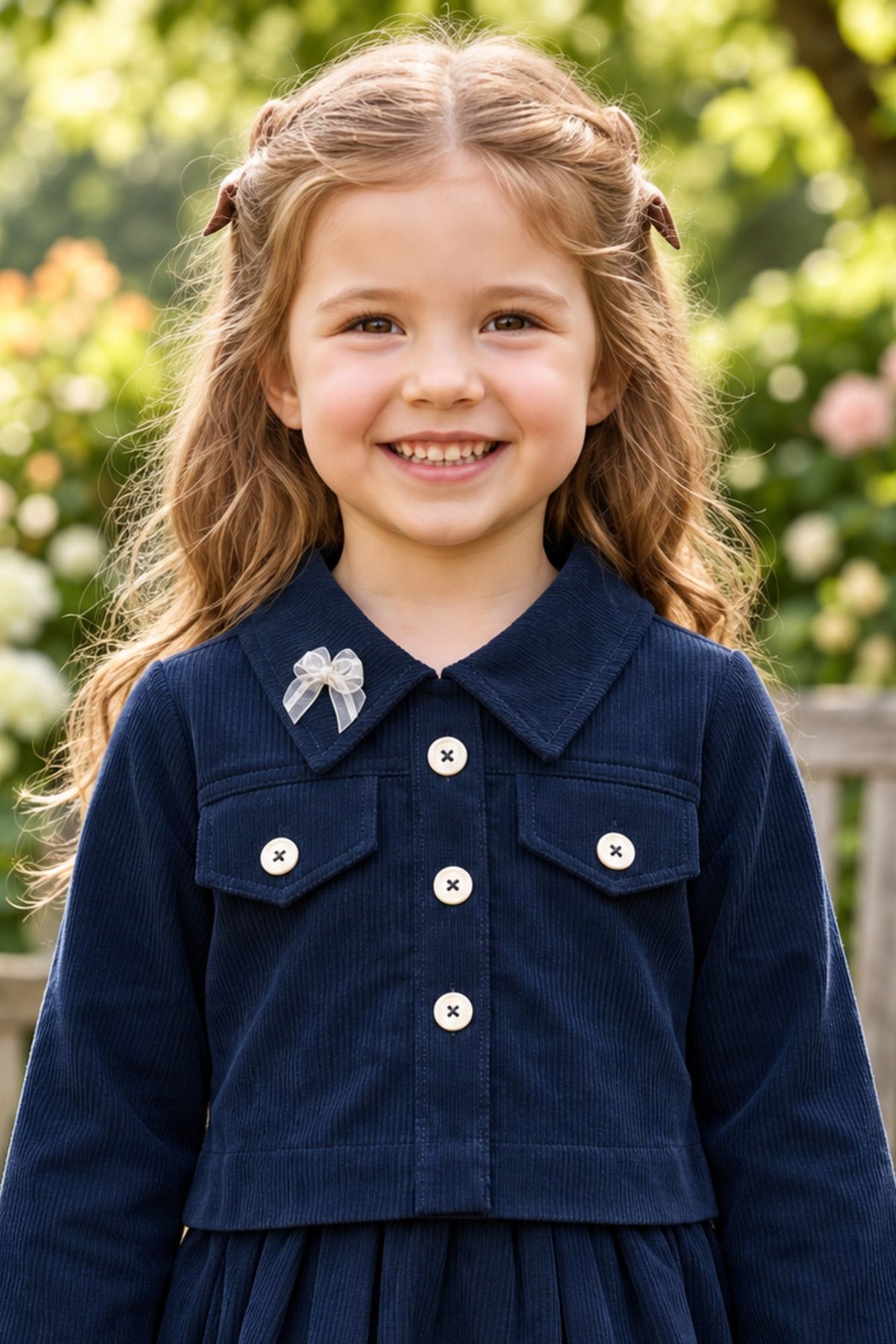 Girls Navy Blue Stylish Bow-Detail Top and Pleated Skirt Set