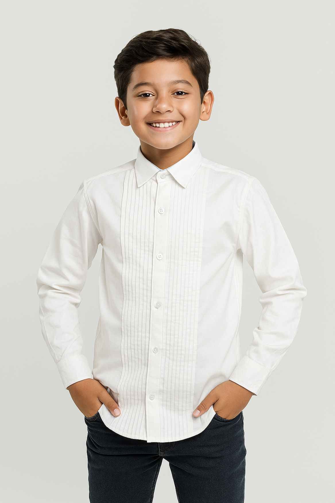 Classic White Tuxedo Shirt with Pleated Front  For Boys