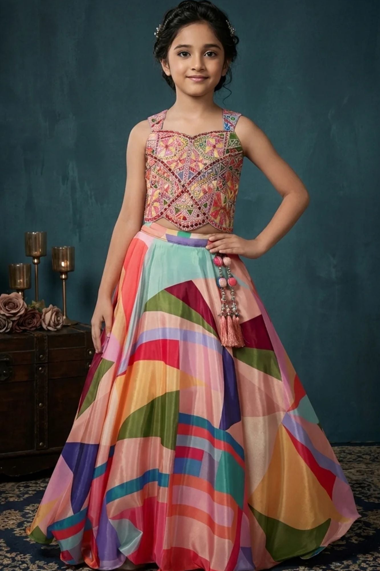 Multicolor Mirrorwork Crop Top & Printed Flared Lehenga Set for Girls