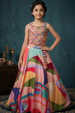 Multicolor Mirrorwork Crop Top & Printed Flared Lehenga Set for Girls