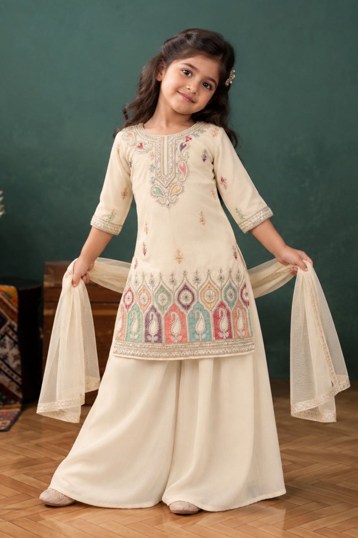 Beige Multicolor Embroidered Palazzo Set For Girls