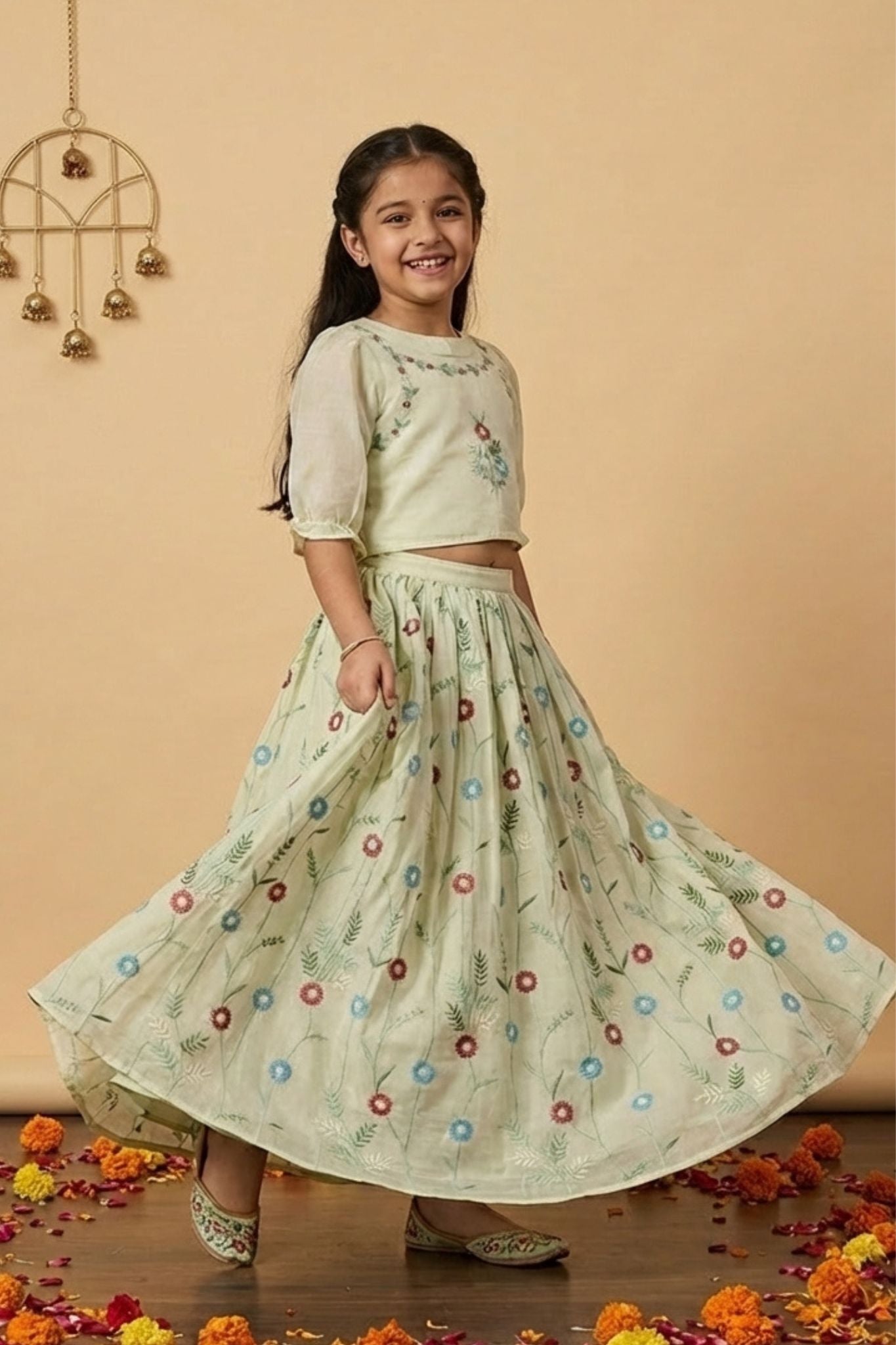 Pista Green Floral Embroidered Lehenga Choli Set For Girls