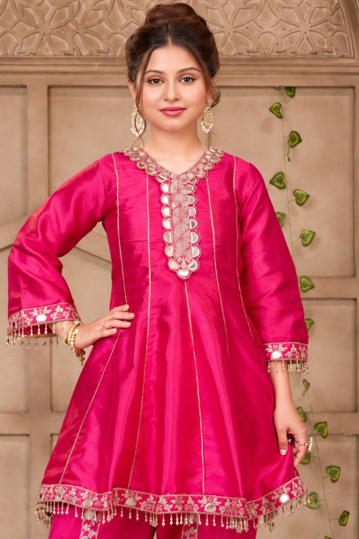 Girls Rani Pink Mirror Work Peplum Dhoti Set with Dupatta