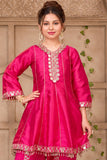 Girls Rani Pink Mirror Work Peplum Dhoti Set with Dupatta